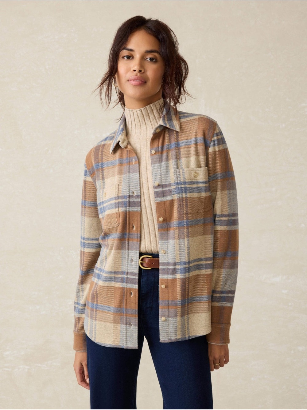 Faherty Women’s The Legend Shirt Plaid Stretch Flannel Shirt - Tan Blue - Size M